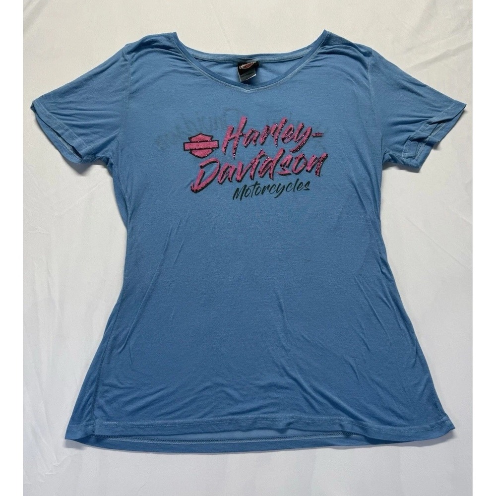 Harley Davidson Women's graphic Tshirt L Blue Roatan Honduras Motorcycle Tee